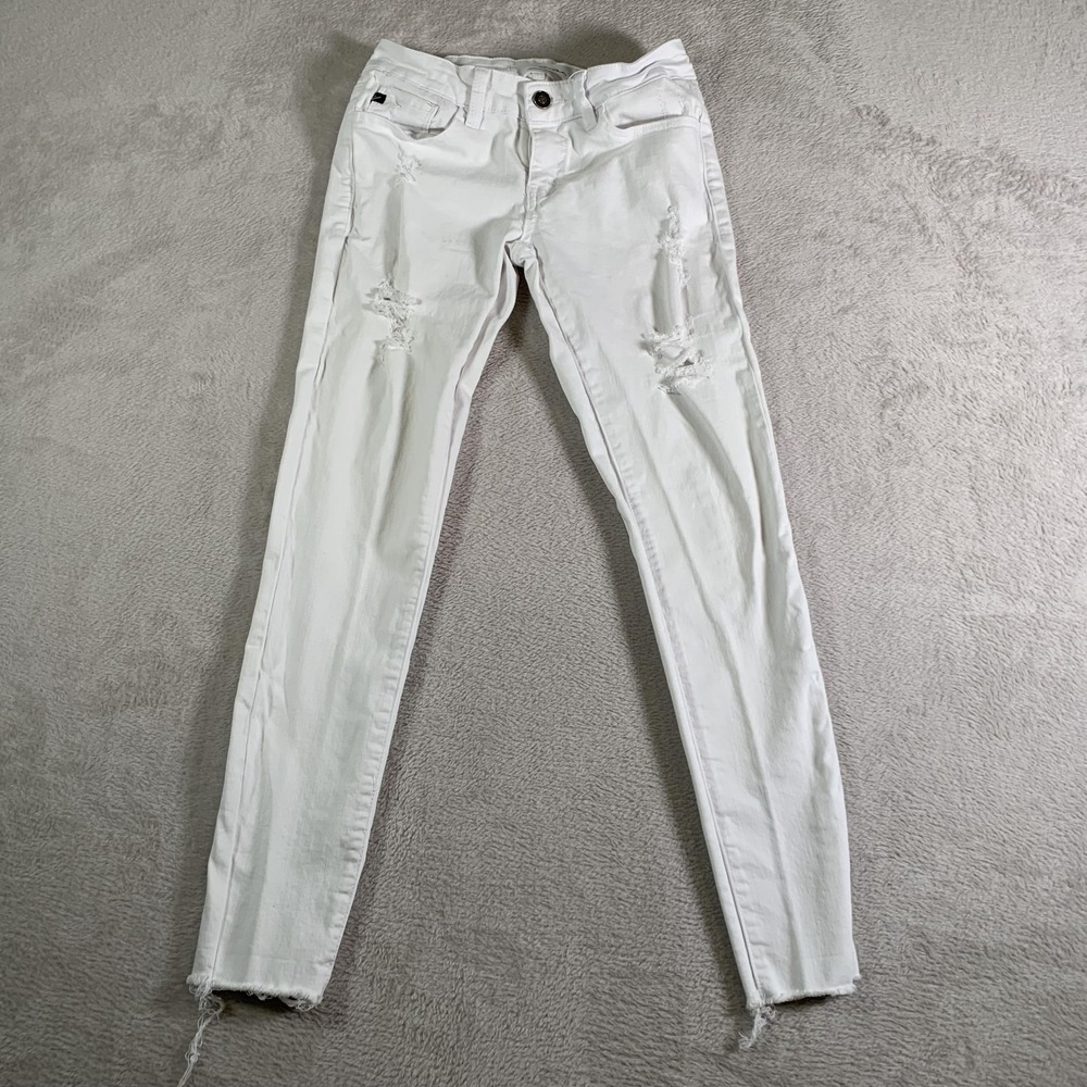 KanCan Jeans Womens 3/25 White Distressed Mid Rise Skinny Raw Hem Stretch Denim